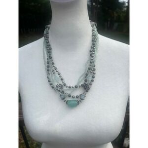 Premier Designs Vintage Multi Strand Aqa Bead Necklace Silver Tone Statement